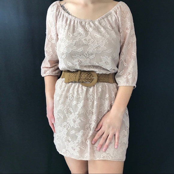 Heart Soul Tan Belted Short Lace Dress Size Med - Picture 1 of 8